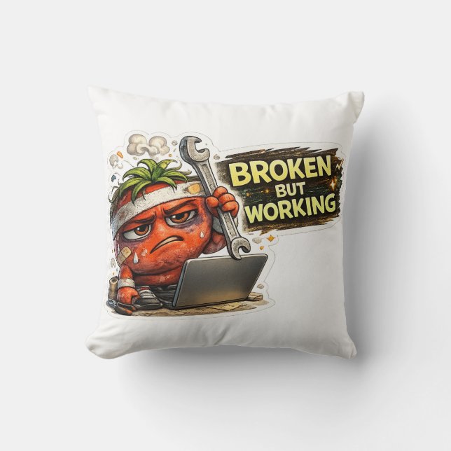 Funny Broken But Working Retro PC Computer Geek T- Throw Pillow (Front)