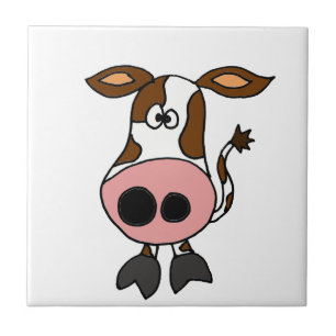 Funny Brown and White Cow Cartoon Tile