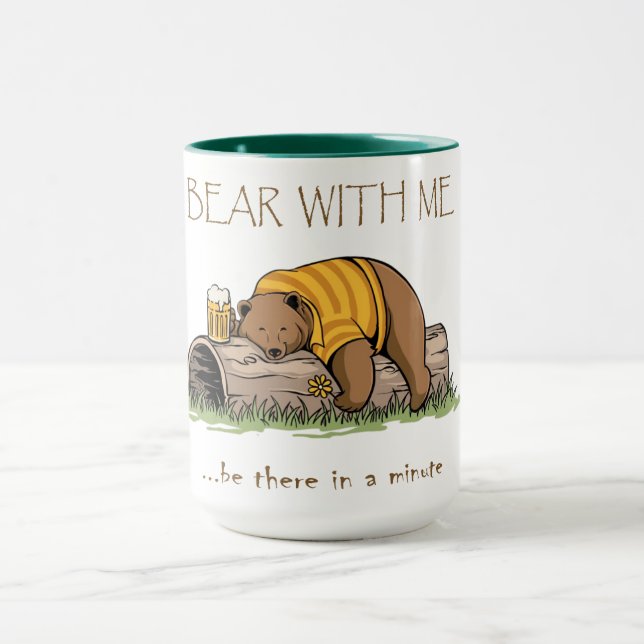 Funny brown bear with beer glass lazing on a log  mug (Center)