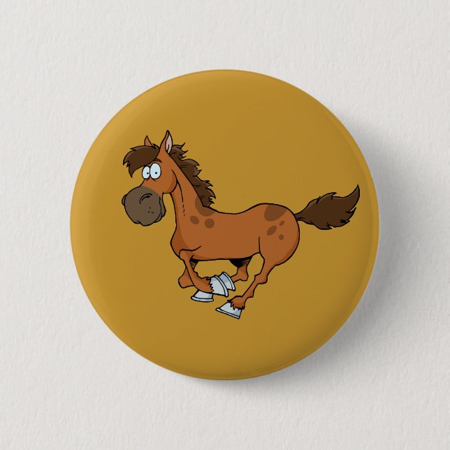 FUNNY BROWN CARTOON HORSE RUNNING GALLOPING 2 INCH ROUND BUTTON (Front)