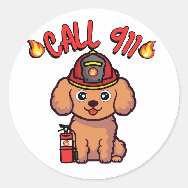 Funny Brown dog is a firefighter  Classic Round Sticker (Front)
