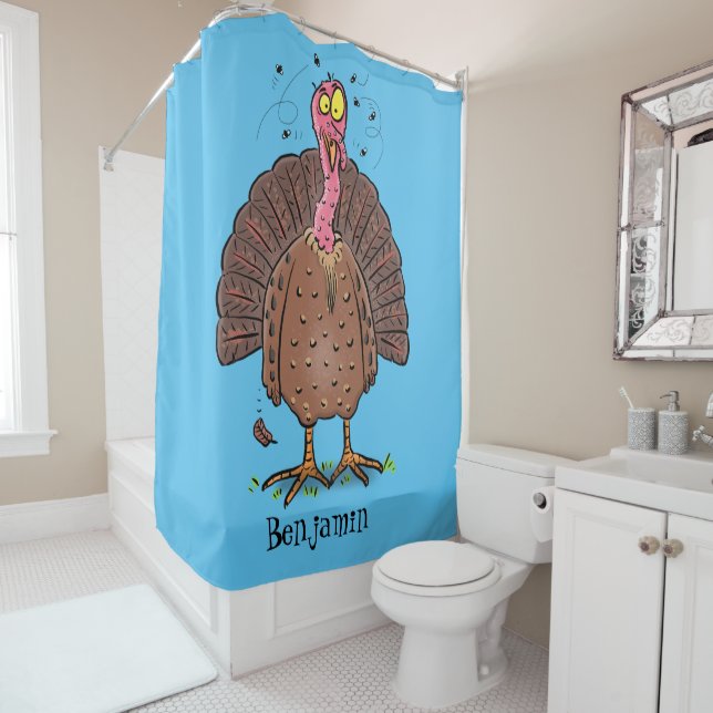 Funny brown farmyard turkey with flies cartoon (In Situ)