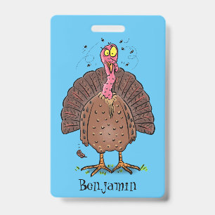 Funny brown farmyard turkey with flies cartoon badge