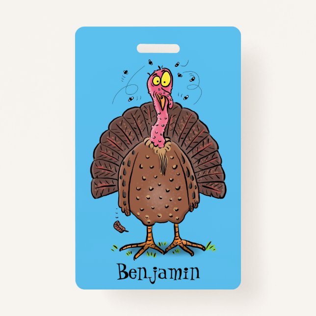 Funny brown farmyard turkey with flies cartoon badge (Front)