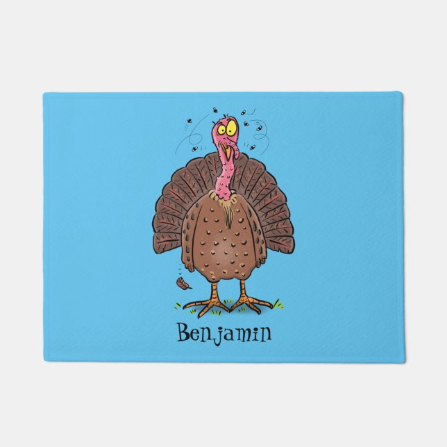 Funny brown farmyard turkey with flies cartoon doormat (Front)