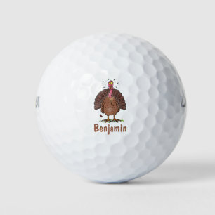 Funny brown farmyard turkey with flies cartoon golf balls