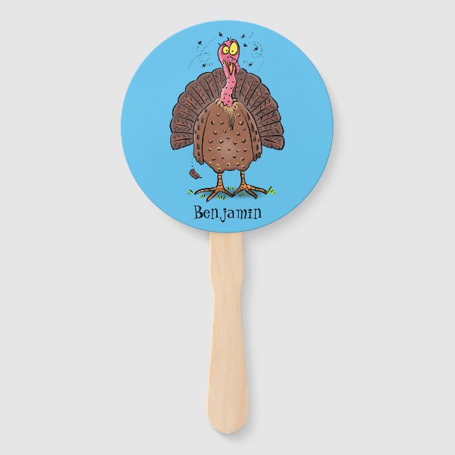 Funny brown farmyard turkey with flies cartoon hand fan (Front)