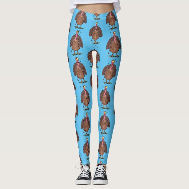Funny brown farmyard turkey with flies cartoon leggings (Front)
