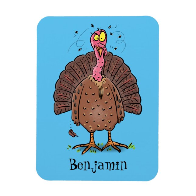 Funny brown farmyard turkey with flies cartoon magnet (Vertical)