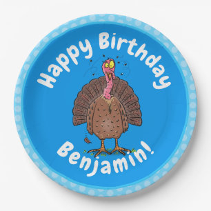 Funny brown farmyard turkey with flies cartoon paper plate