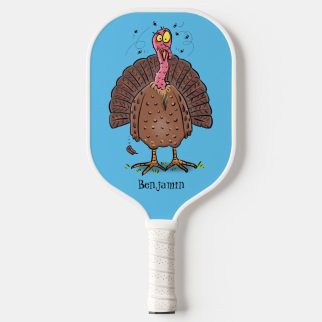 Funny brown farmyard turkey with flies cartoon  pickleball paddle (Front)