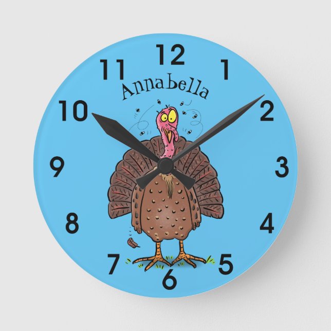 Funny brown farmyard turkey with flies cartoon round clock (Front)