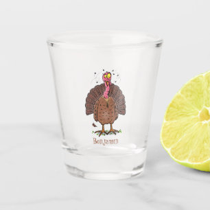 Funny brown farmyard turkey with flies cartoon  shot glass