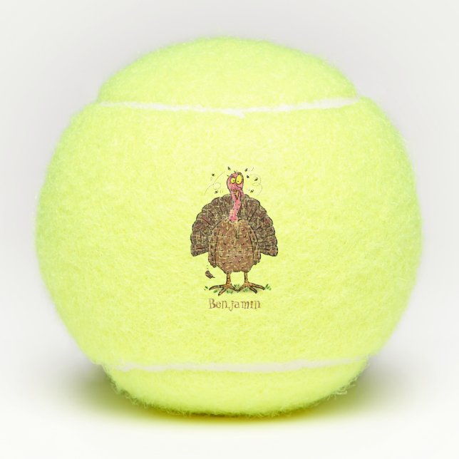 Funny brown farmyard turkey with flies cartoon  tennis balls (Front)