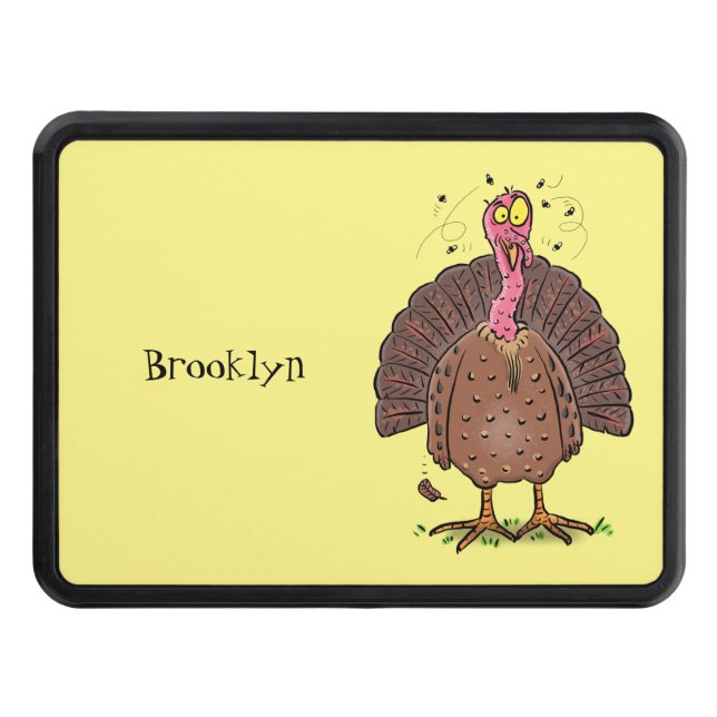 Funny brown farmyard turkey with flies cartoon trailer hitch cover (Front)