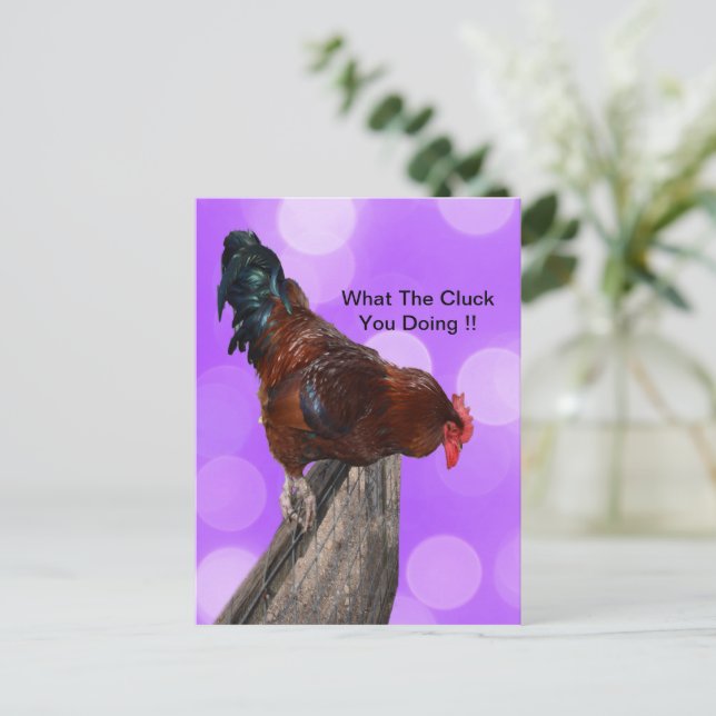 Funny Brown Rooster On A Fence Postcard (Standing Front)