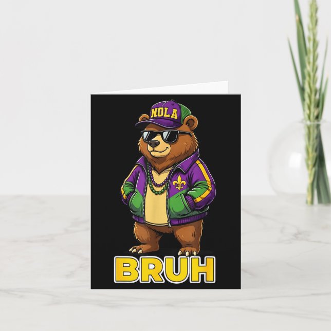 Funny Bruh Mardi Gras Carnival Bear Meme  Card (Front)