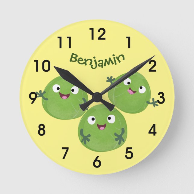 Funny Brussels sprouts vegetables cartoon Round Cl Round Clock (Front)