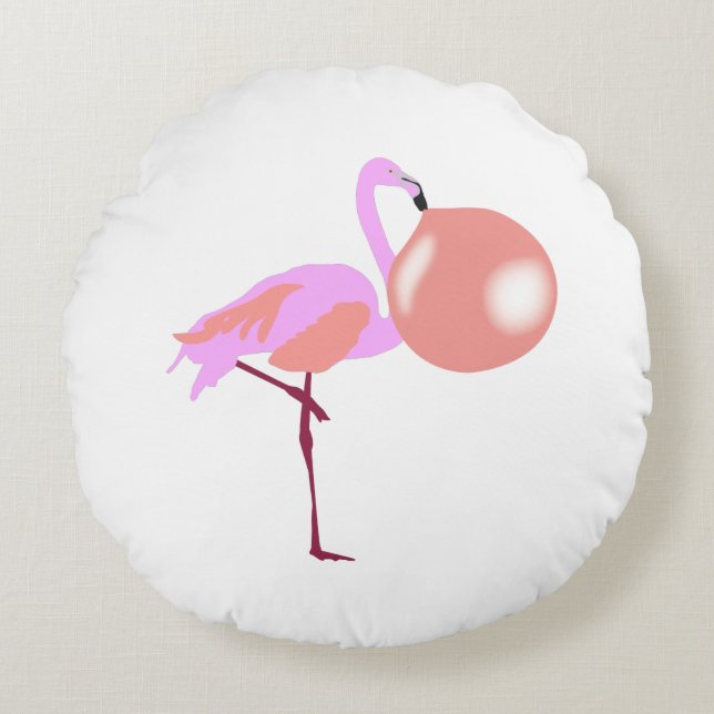 Funny Bubble Gum Flamingo Blowing Bubble Round Pillow (Front)