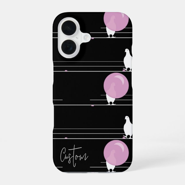 Funny Bubblegum Birds on a Wire Pattern with Name iPhone 16 Case (Back)