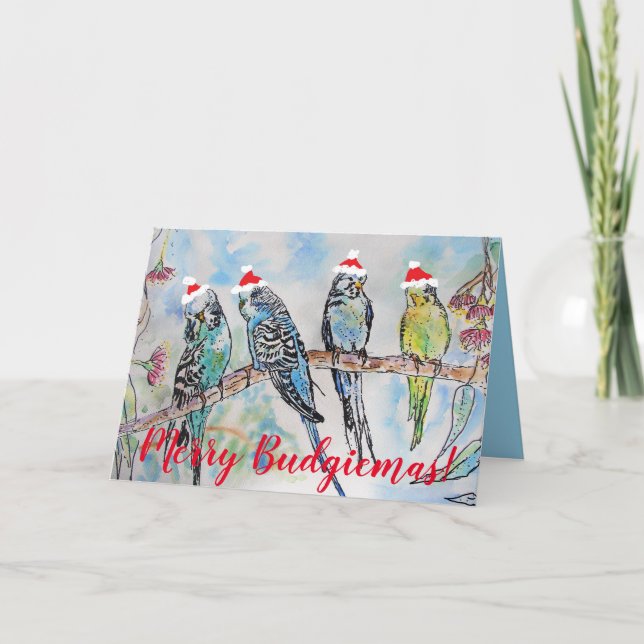 Funny Budgie Budgerigar Joyeuse carte de Noël (Devant)