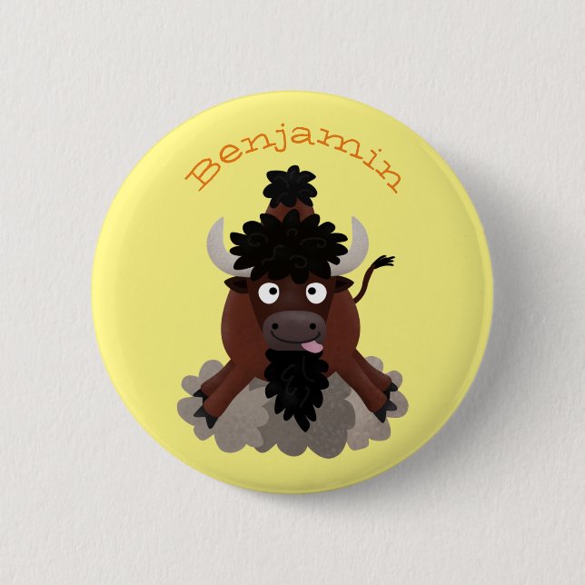 Funny buffalo bison cartoon illustration 2 inch round button (Front)