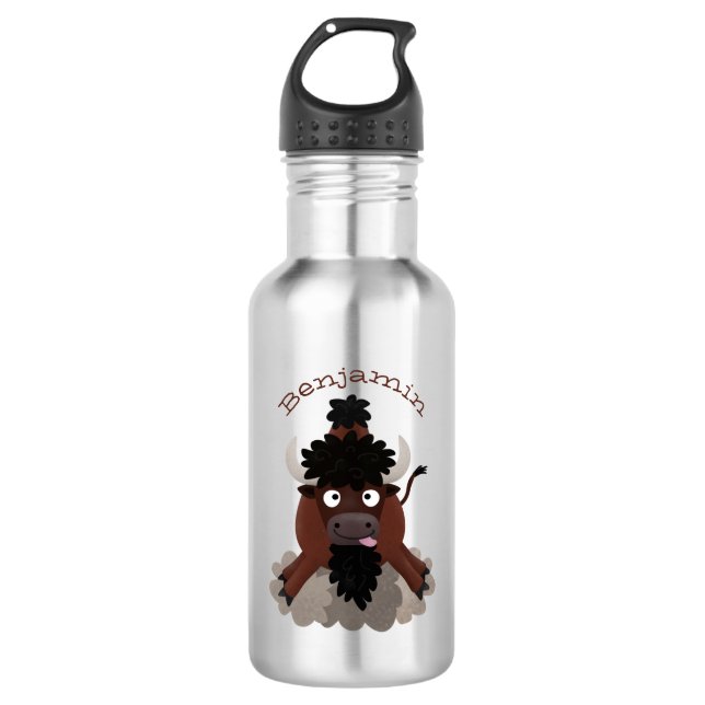 Funny buffalo bison cartoon illustration 532 ml water bottle (Front)