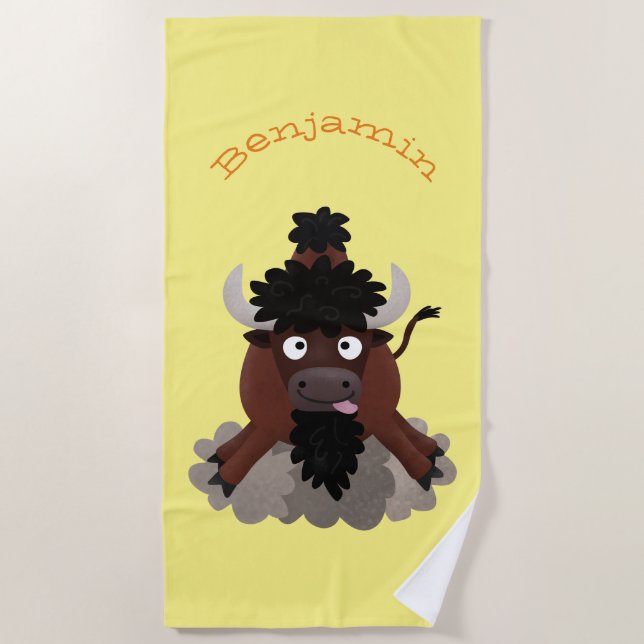 Funny buffalo bison cartoon illustration beach towel (Front)