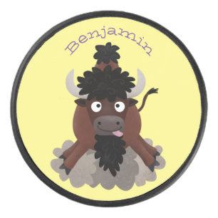 Funny buffalo bison cartoon illustration hockey puck