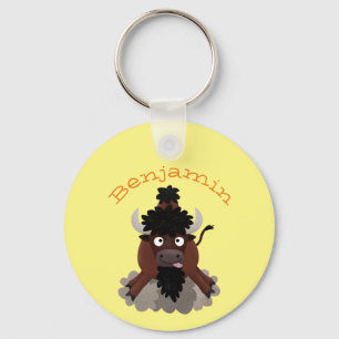 Funny buffalo bison cartoon illustration keychain