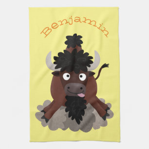 Funny buffalo bison cartoon illustration kitchen towel