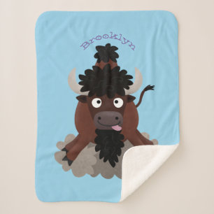 Funny buffalo bison cartoon illustration sherpa blanket
