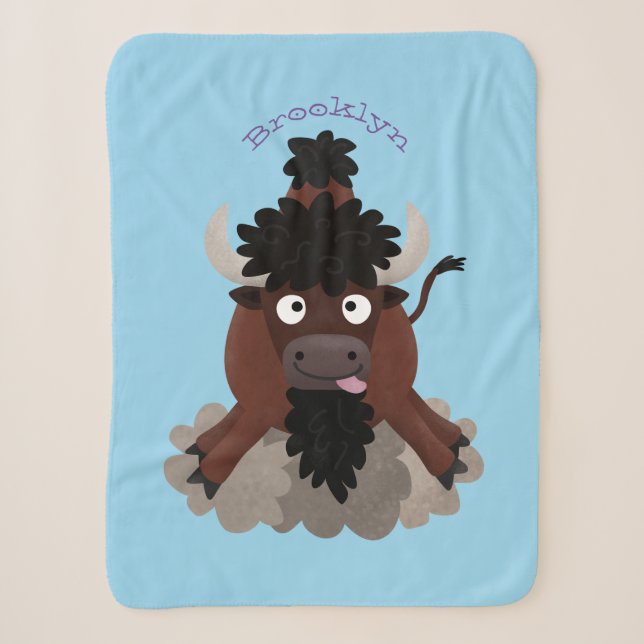 Funny buffalo bison cartoon illustration sherpa blanket (Front)