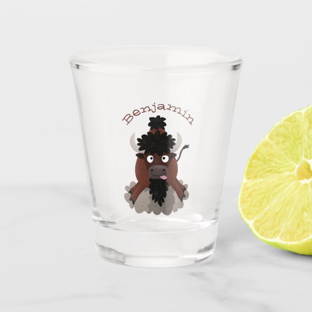 Funny buffalo bison cartoon illustration  shot glass (Front)
