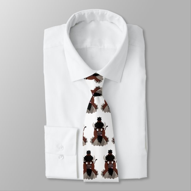 Funny buffalo bison cartoon illustration tie (Tied)