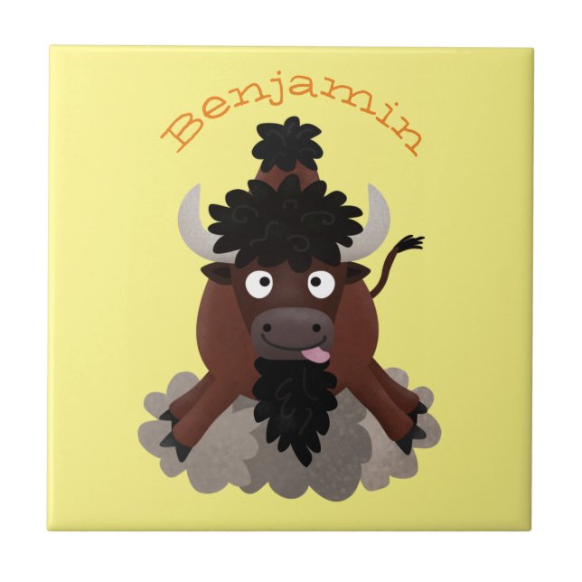 Funny buffalo bison cartoon illustration tile (Front)