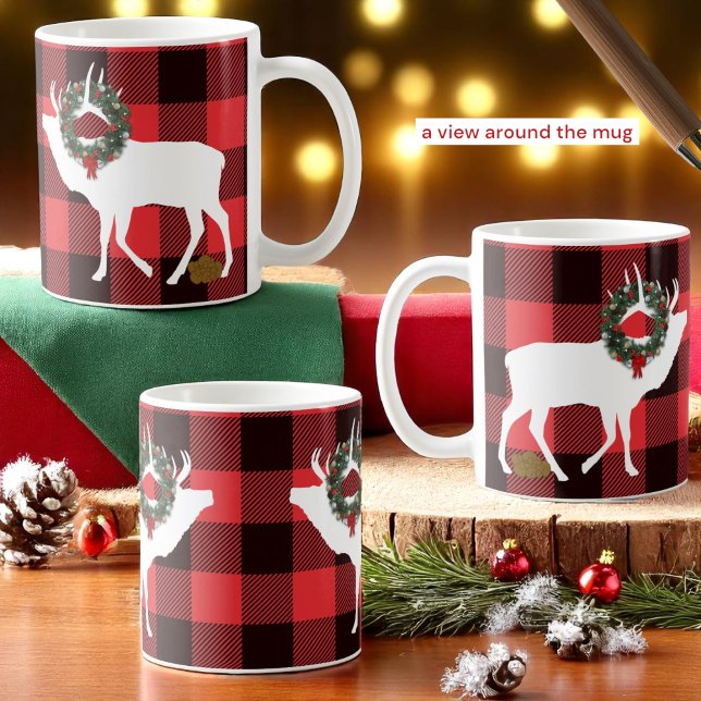 Funny Buffalo Plaid Elk Pooh and Silhouette Wreath Coffee Mug (mug view from one side of handle to the other)