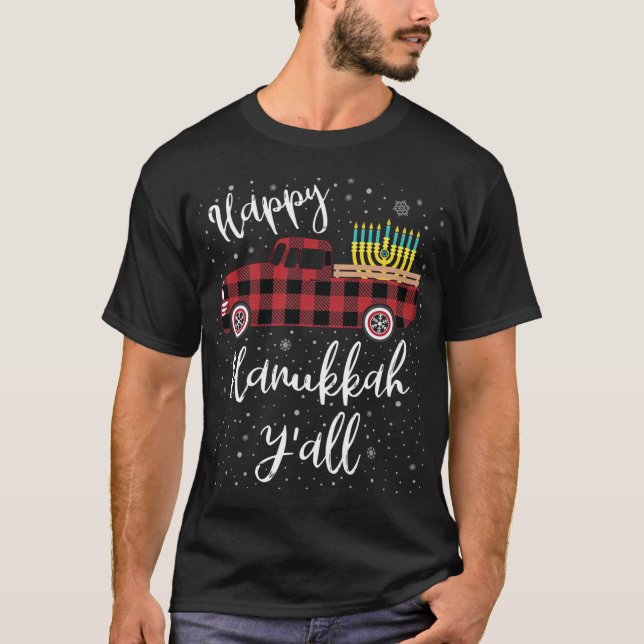 Funny Buffalo Plaid Happy Hanukkah Y'all Red Truck T-Shirt (Front)