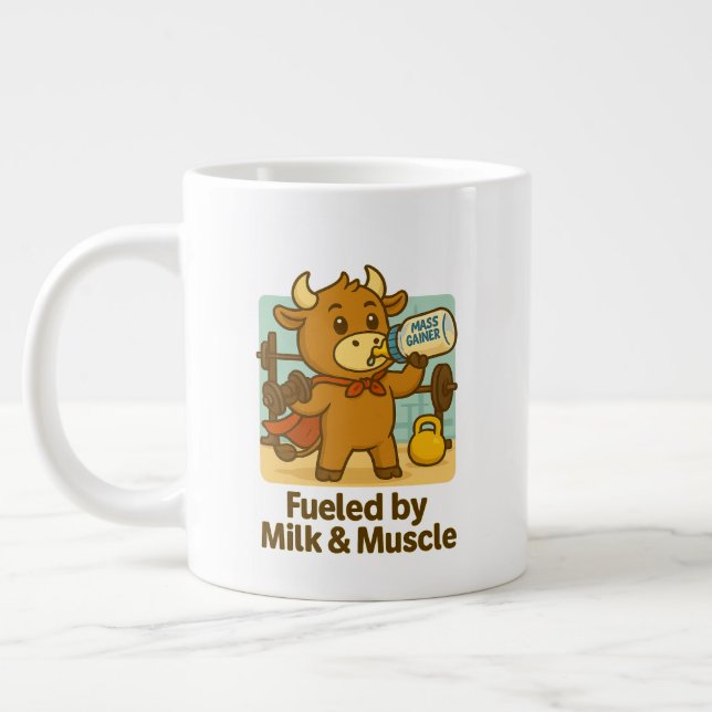 Funny Bull Cartoon – Fuelled by Milk & Muscles Large Coffee Mug (Left)