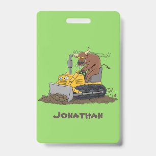 Funny bull driving bulldozer cartoon badge