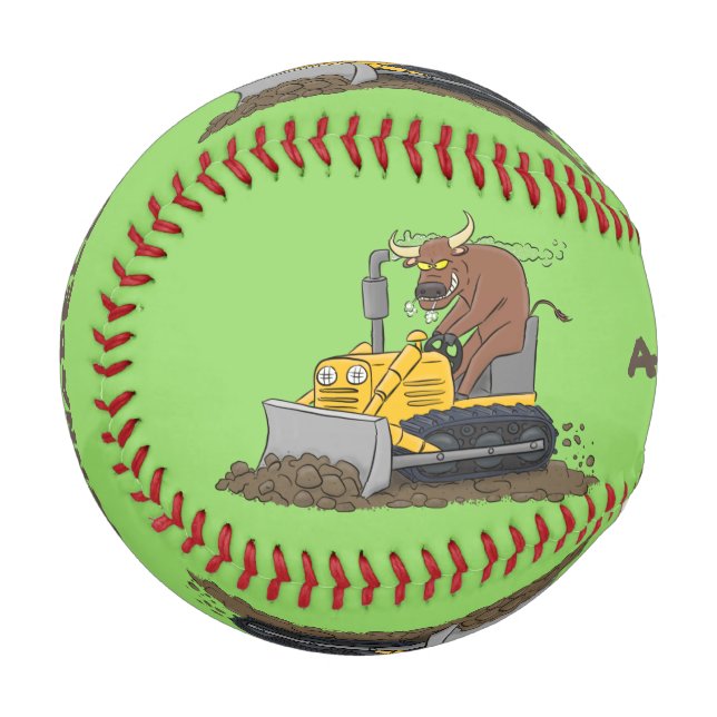 Funny bull driving bulldozer cartoon baseball (Front Left)