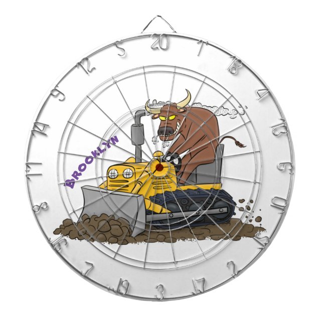 Funny bull driving bulldozer cartoon dartboard (Front)