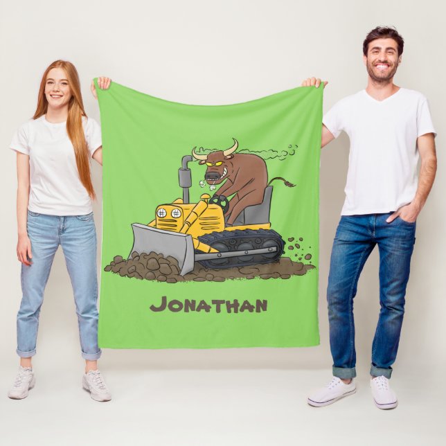 Funny bull driving bulldozer cartoon fleece blanket (In Situ)