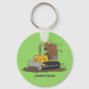 Funny bull driving bulldozer cartoon keychain