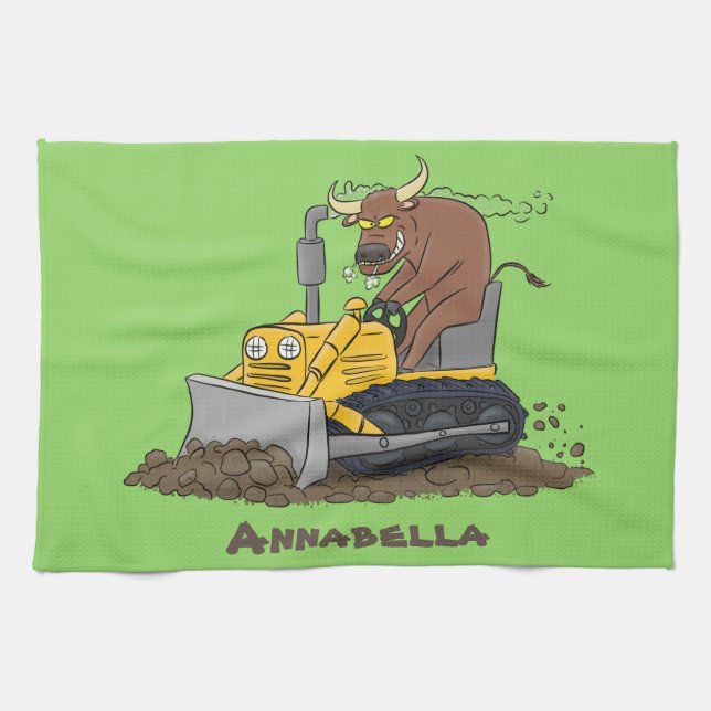 Funny bull driving bulldozer cartoon kitchen towel (Horizontal)