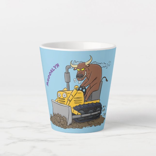 Funny bull driving bulldozer cartoon latte mug (Front)