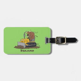 Funny bull driving bulldozer cartoon luggage tag