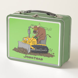 Funny bull driving bulldozer cartoon metal lunch box