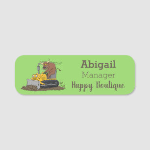 Funny bull driving bulldozer cartoon  name tag