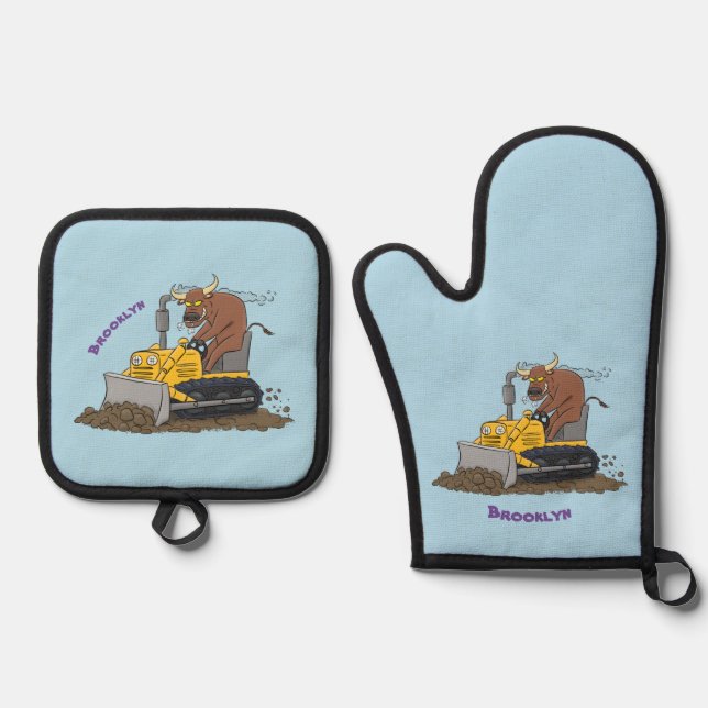 Funny bull driving bulldozer cartoon oven mitt & pot holder set (Front)